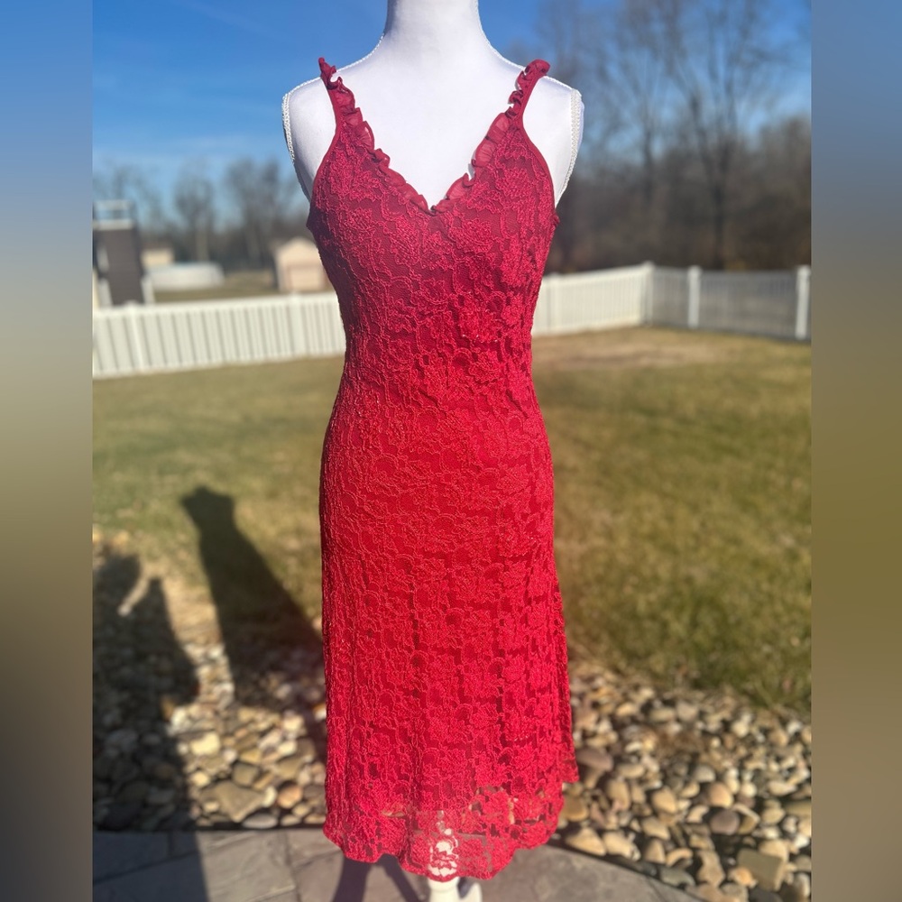 Vintage Y2K Angie Red Lace Ruffle Beaded cocktail Valentine’s dress S M